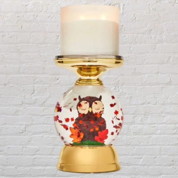 BBW Owl Globe Candle Stand Holder Snow-globe Fall Leaves Gold Lights Up Night - Picture 5 of 5